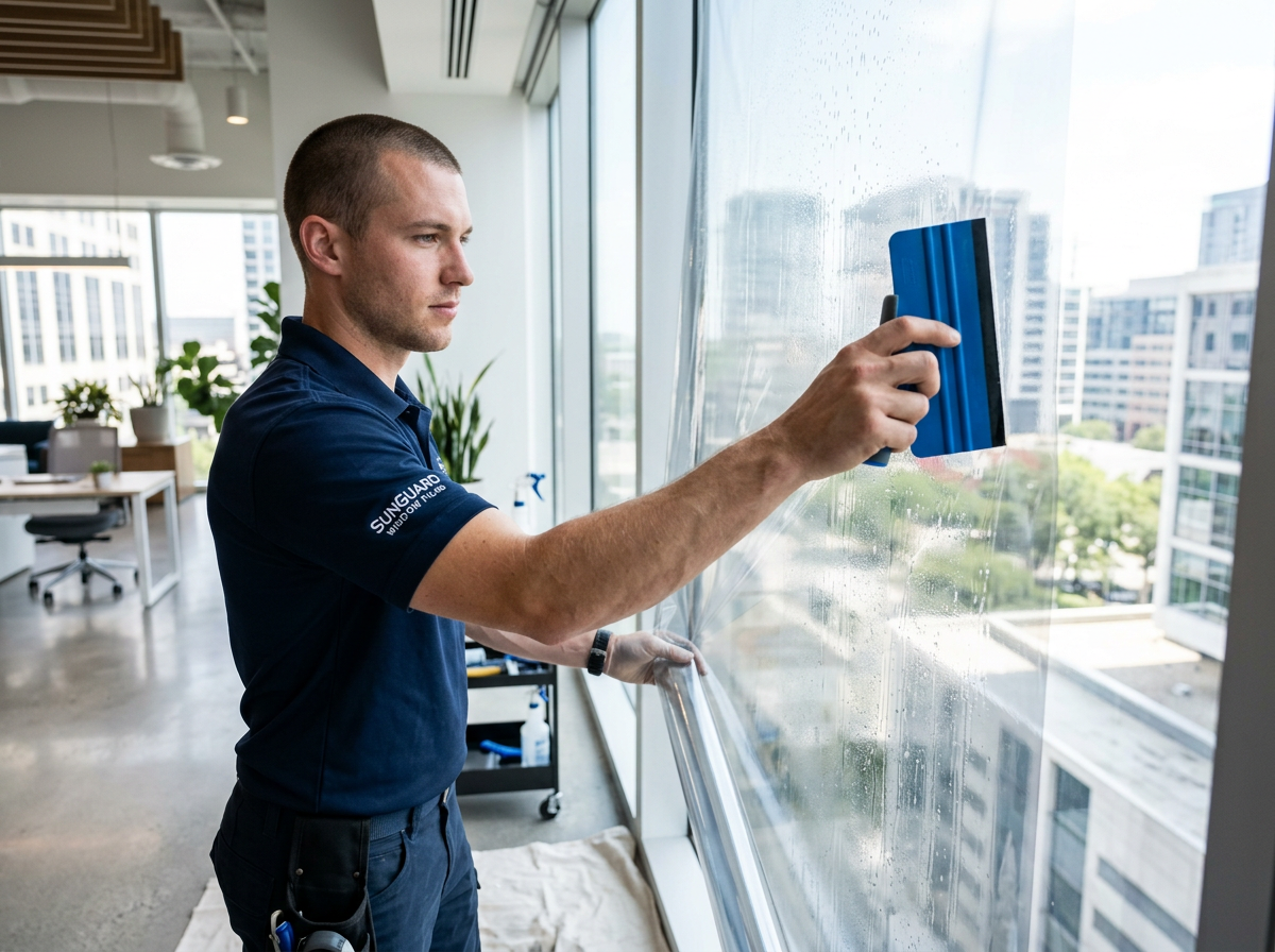 Fachkraft trägt eine transparente Sonnenschutzfolie präzise auf eine große Fensterscheibe auf