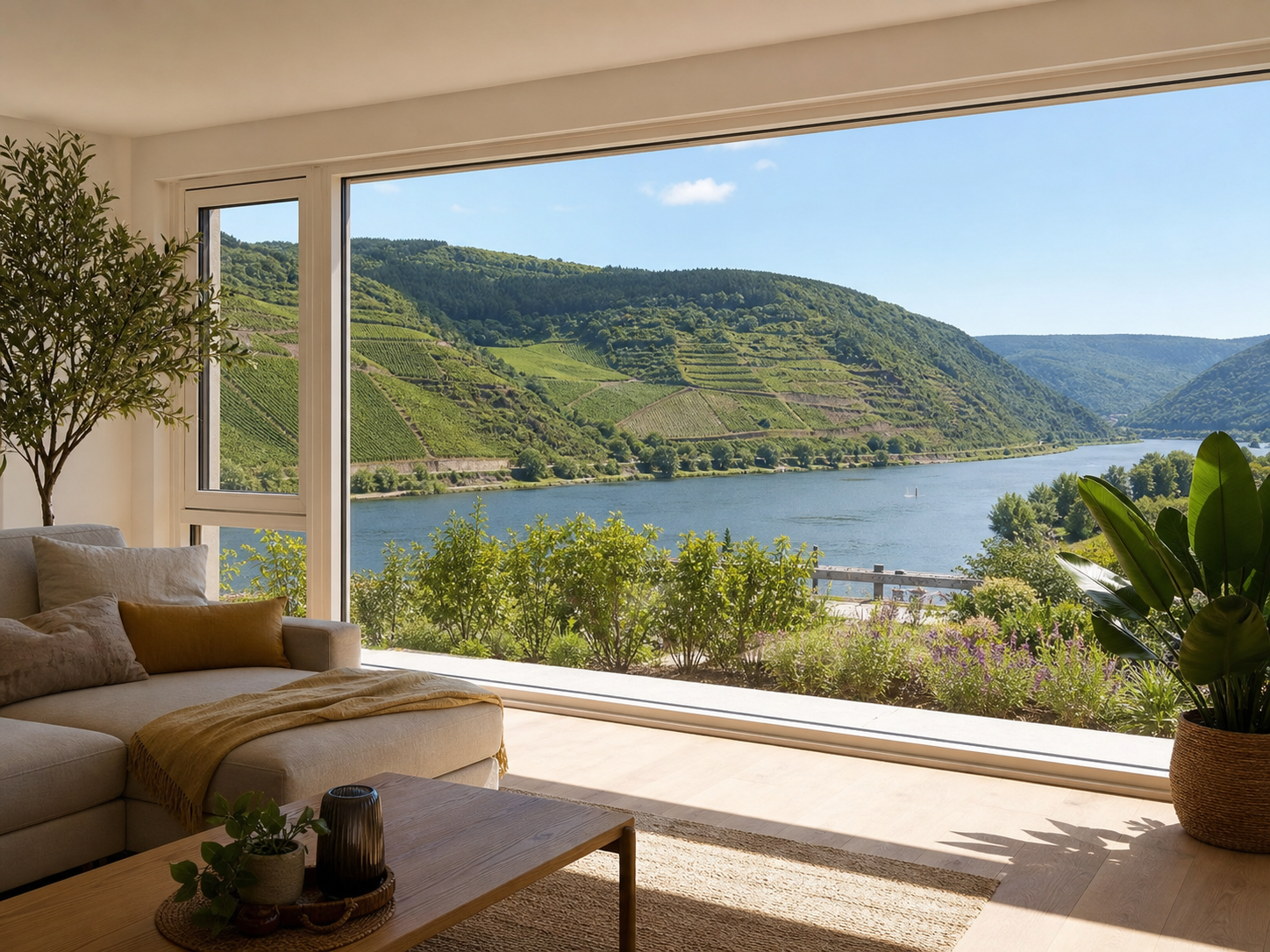 Heller Wohnraum mit großer Fensterfront und freiem Blick in die sonnige Mosellandschaft – dank Sonnenschutzfolie