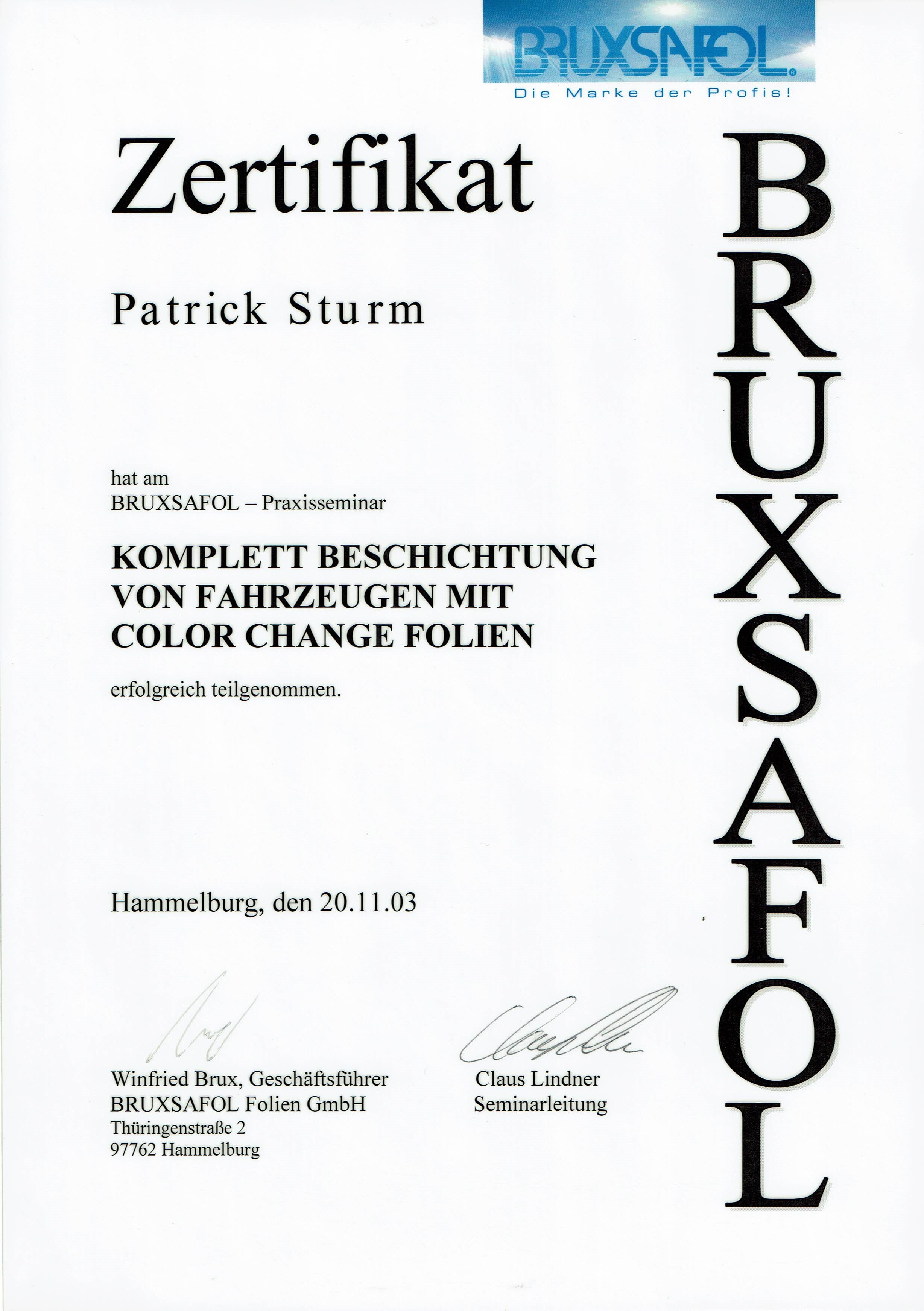 Zertifikat: BRUXSAFOL Praxisseminar (2003)