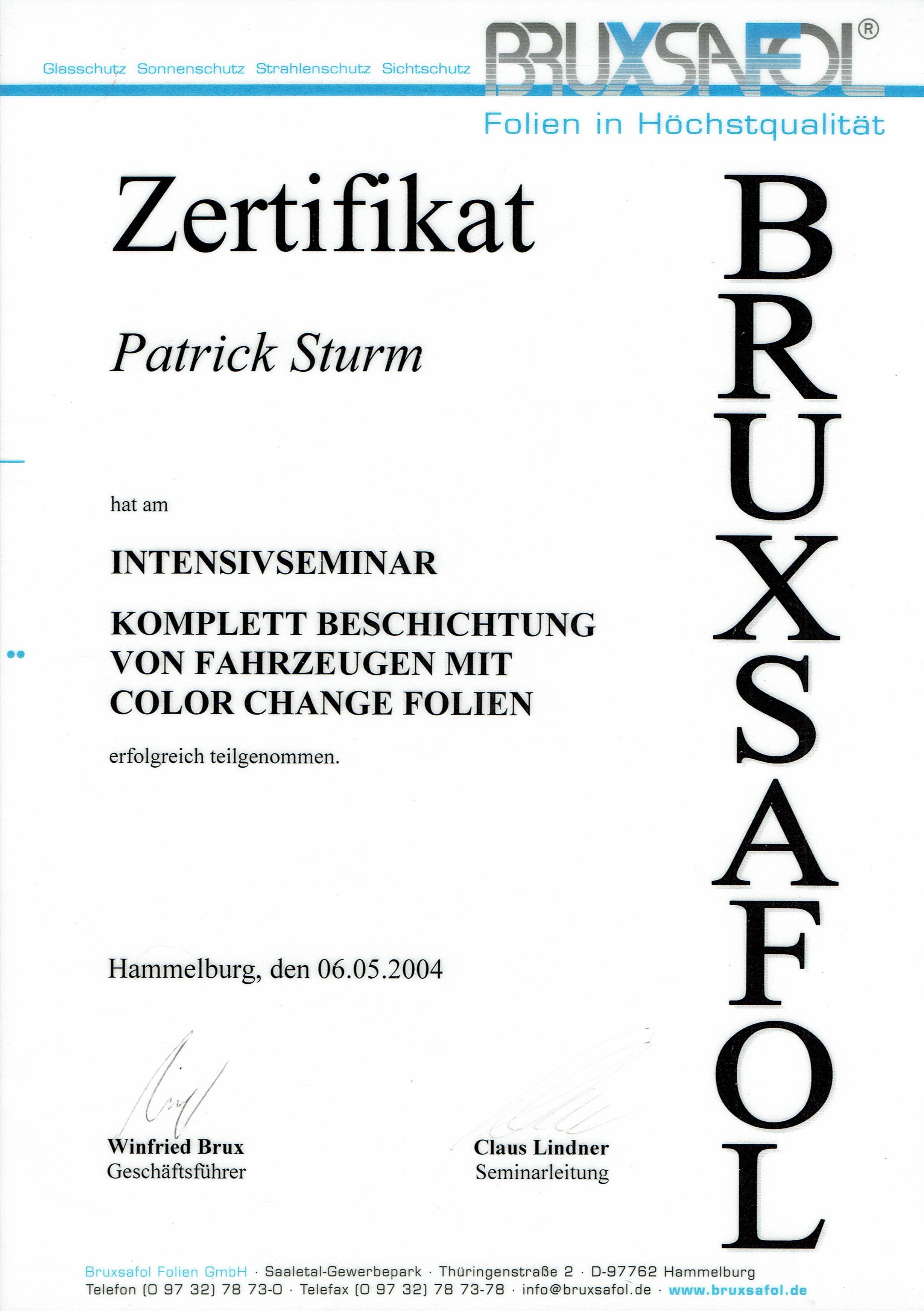 Zertifikat: BRUXSAFOL Intensivseminar (2004)