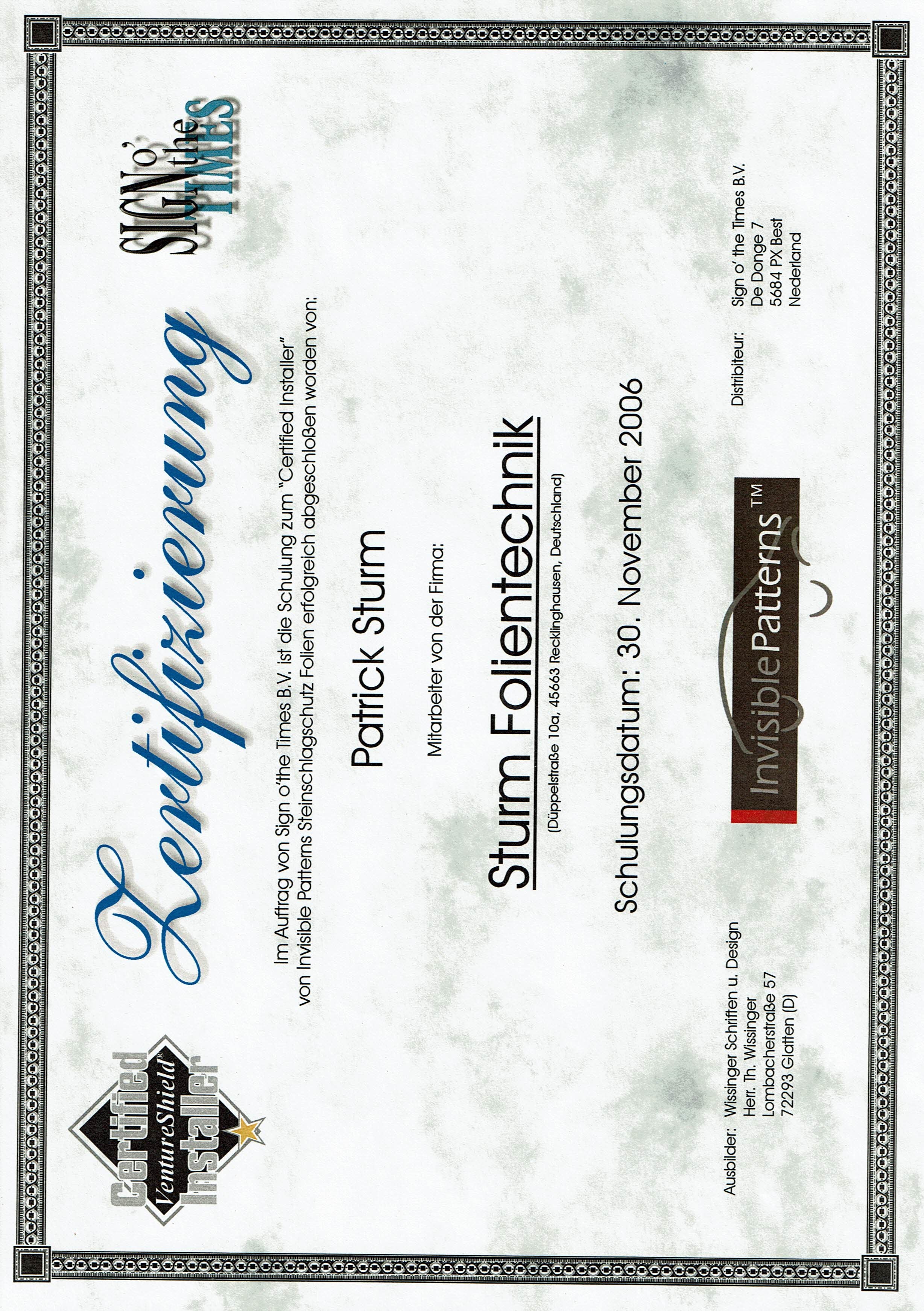 Zertifikat: Certified Installer – VentureShield (2006)